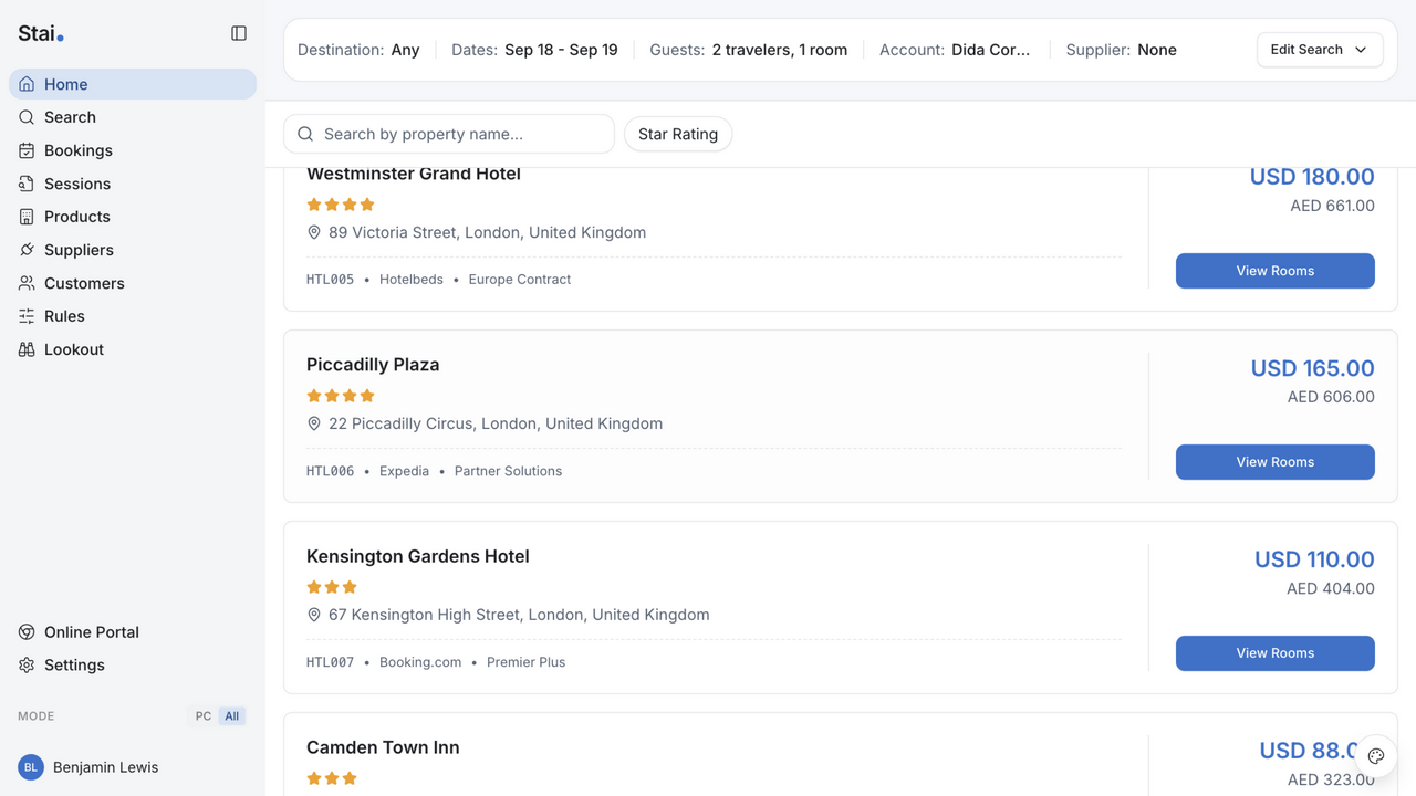 Search results: 50 hotels across Hotelbeds, Expedia, Booking.com, Agoda with multi-currency pricing